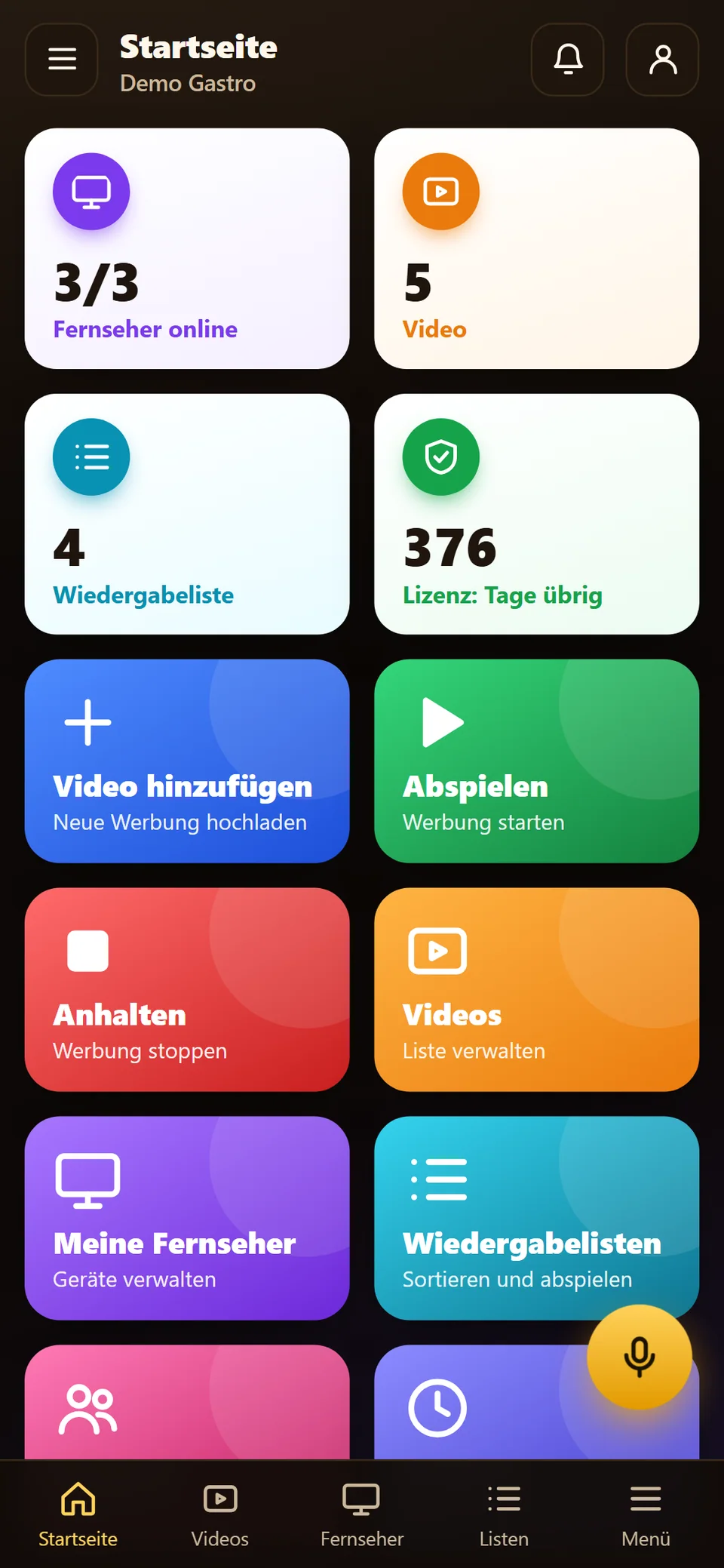 لوحة المالك على الهاتف – BestellTakt.TV